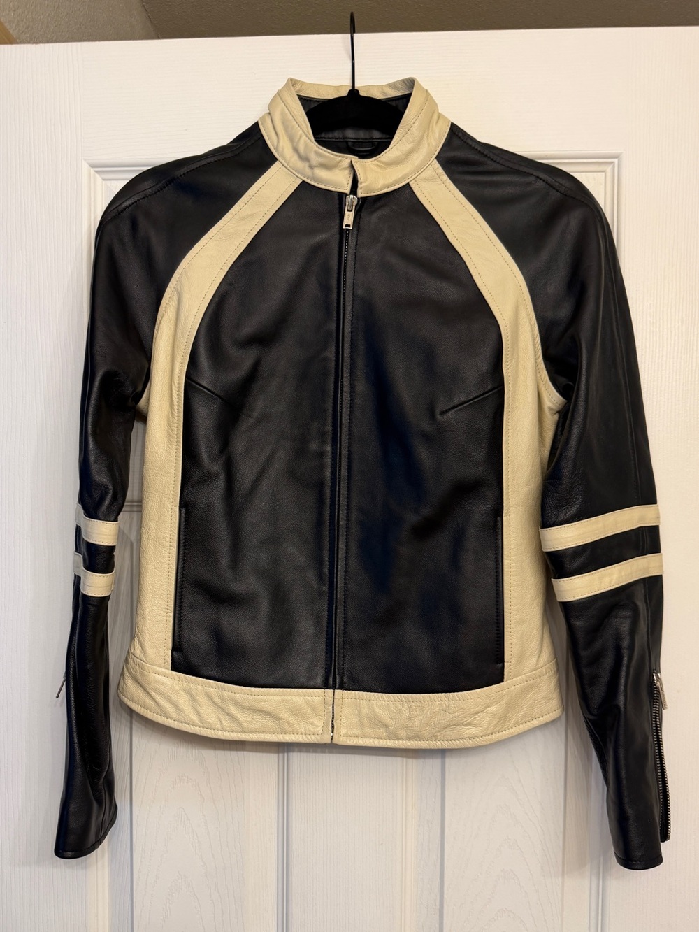 Wilsons Leather Maxima Vintage Black Cream Leather Moto Racer Jacket